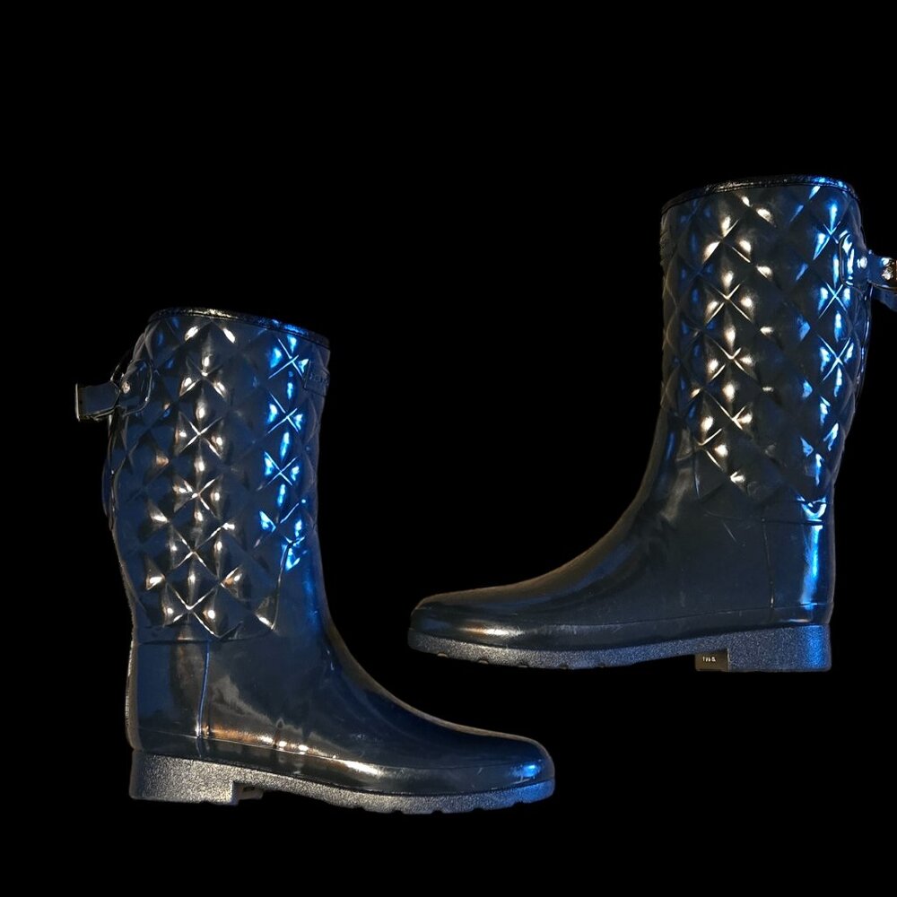 Hunter Women’s Refined Quilted Gloss Rain Boots Short– Blue, Size 10 (US)